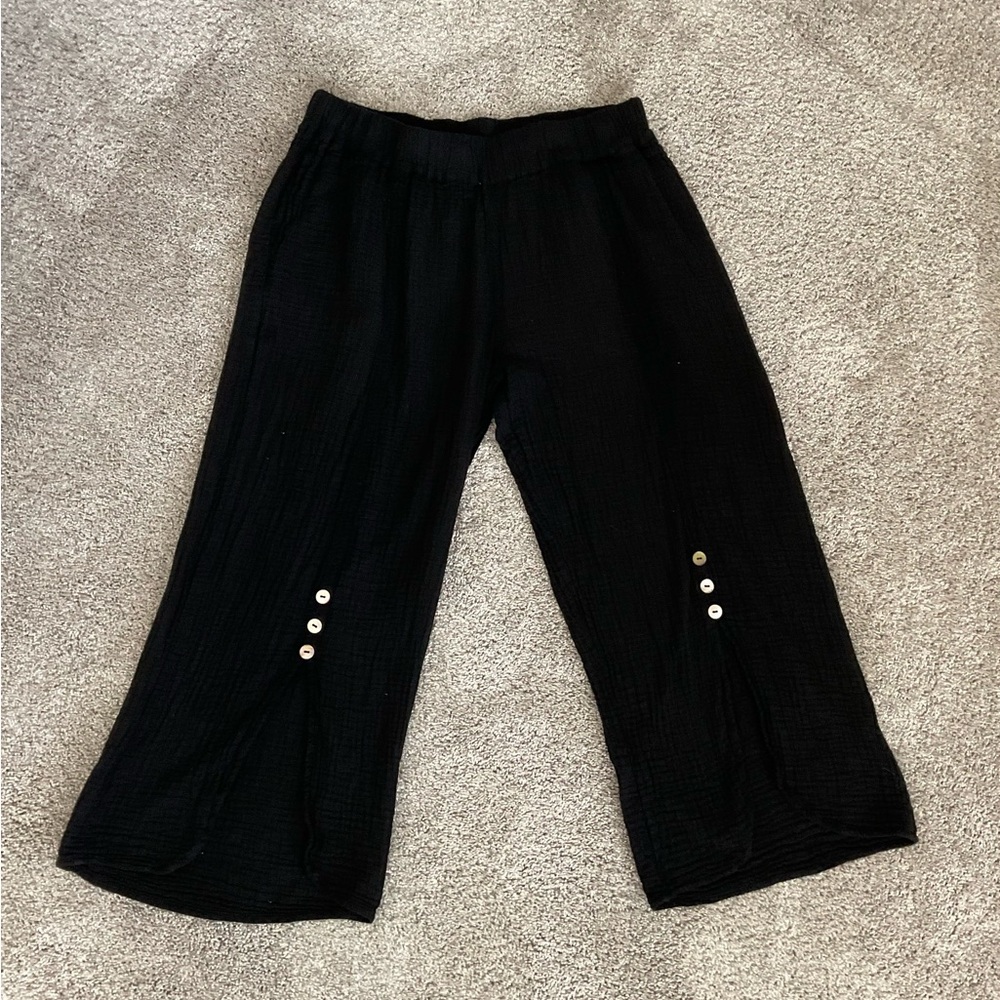 Shanon Passero Wide Leg Ankle Pant with Front Opening  Black 100% Cotton Large